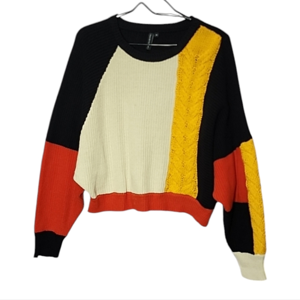 Moon & Madison Chunky Cable Color Block Cropped Sweater Black Yellow Cream M